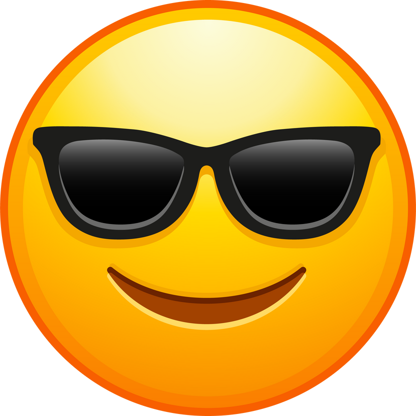 Top quality emoticon. Cool emoticon. Smiling face with sunglasses emoji. Happy smile person wearing dark glasses. Yellow face emoji. Popular element.